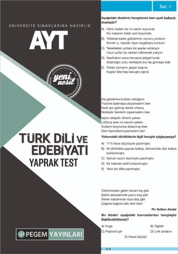 Pegem Yayınları AYT Türk Dili ve Edebiyatı Yaprak Test Komisyon