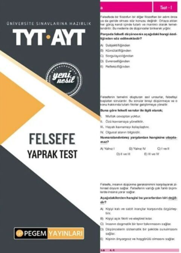 Pegem Yayınları TYT AYT Felsefe Yaprak Test Komisyon