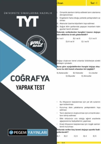 Pegem Yayınları TYT Coğrafya Yaprak Test Komisyon