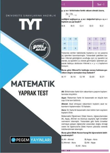 Pegem Yayınları TYT Matematik Yaprak Test Komisyon